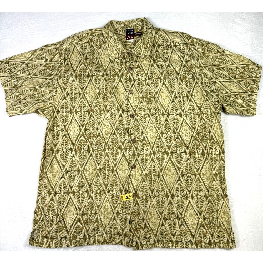VTG Quicksilver Silver Edition Logo Men's XL Button Down Shirt Tan Aloha 2000s